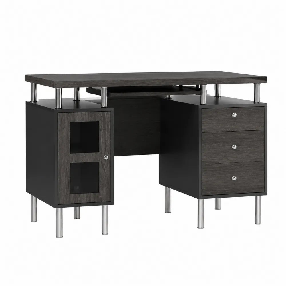 Schreibtisch mit Schubladen und Glastür aus MDF-Holz und Metall in Schwarz/Grau