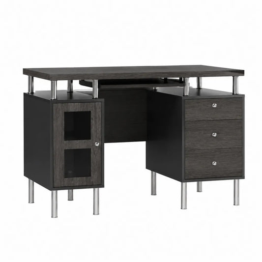 Schreibtisch mit Schubladen und Glastür aus MDF-Holz und Metall in Schwarz/Grau